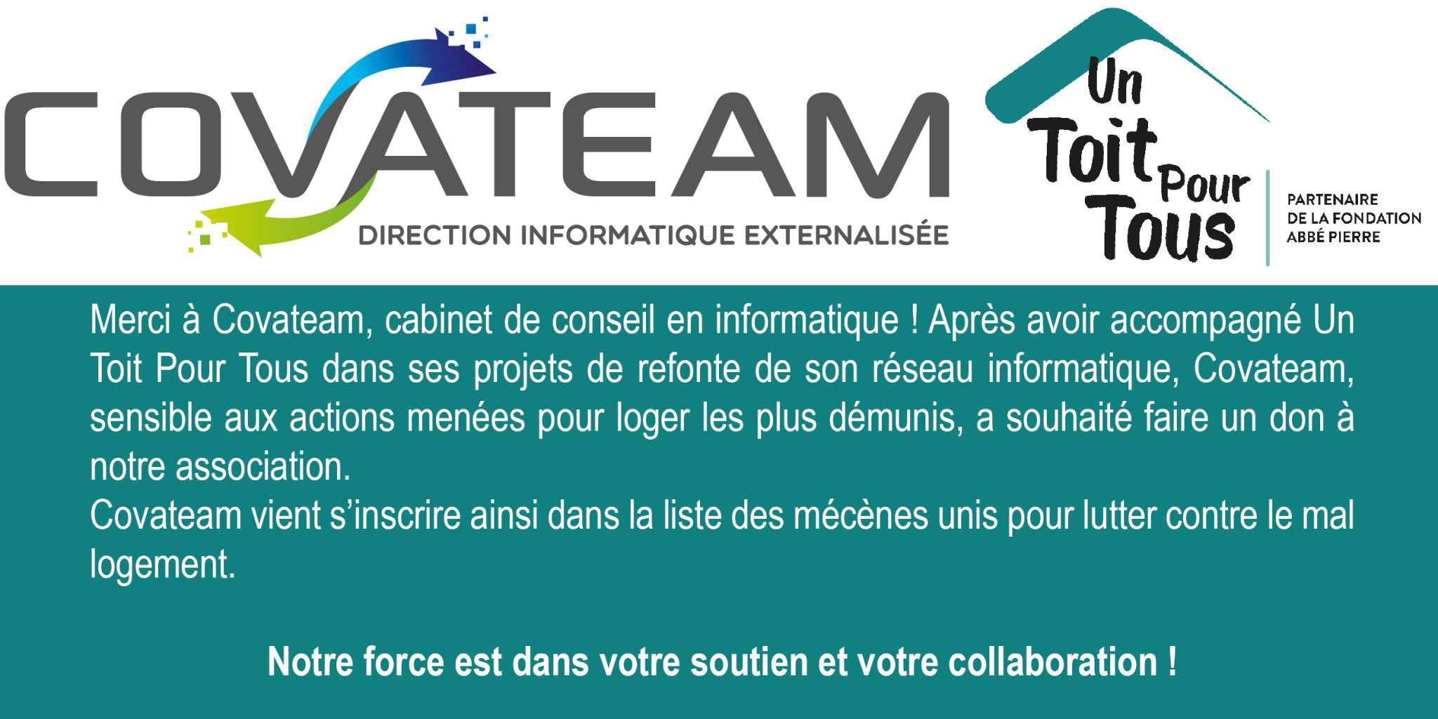 Covateam fait un don à Un Toit Pour Tous