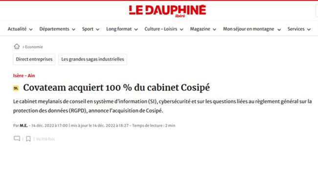 COVATEAM annonce une croissance externe dans le Dauphiné Libéré